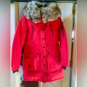 BCBGMAXAZRIA Red Faux Fur Hooded Parka Jacket